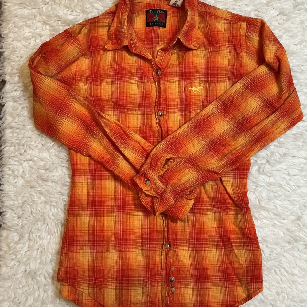 Five Star by Roper Plaid Western Shirt Sz XL Orange Yellow Excellent Horse Logo
